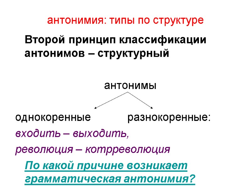 антонимия: типы по структуре  Второй принцип классификации антонимов – структурный   антонимы